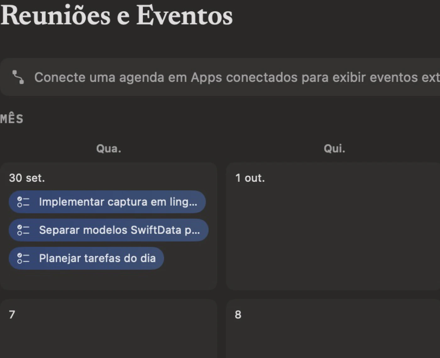 Recorte real da primeira semana na Agenda, com três tarefas no dia 30 de setembro.