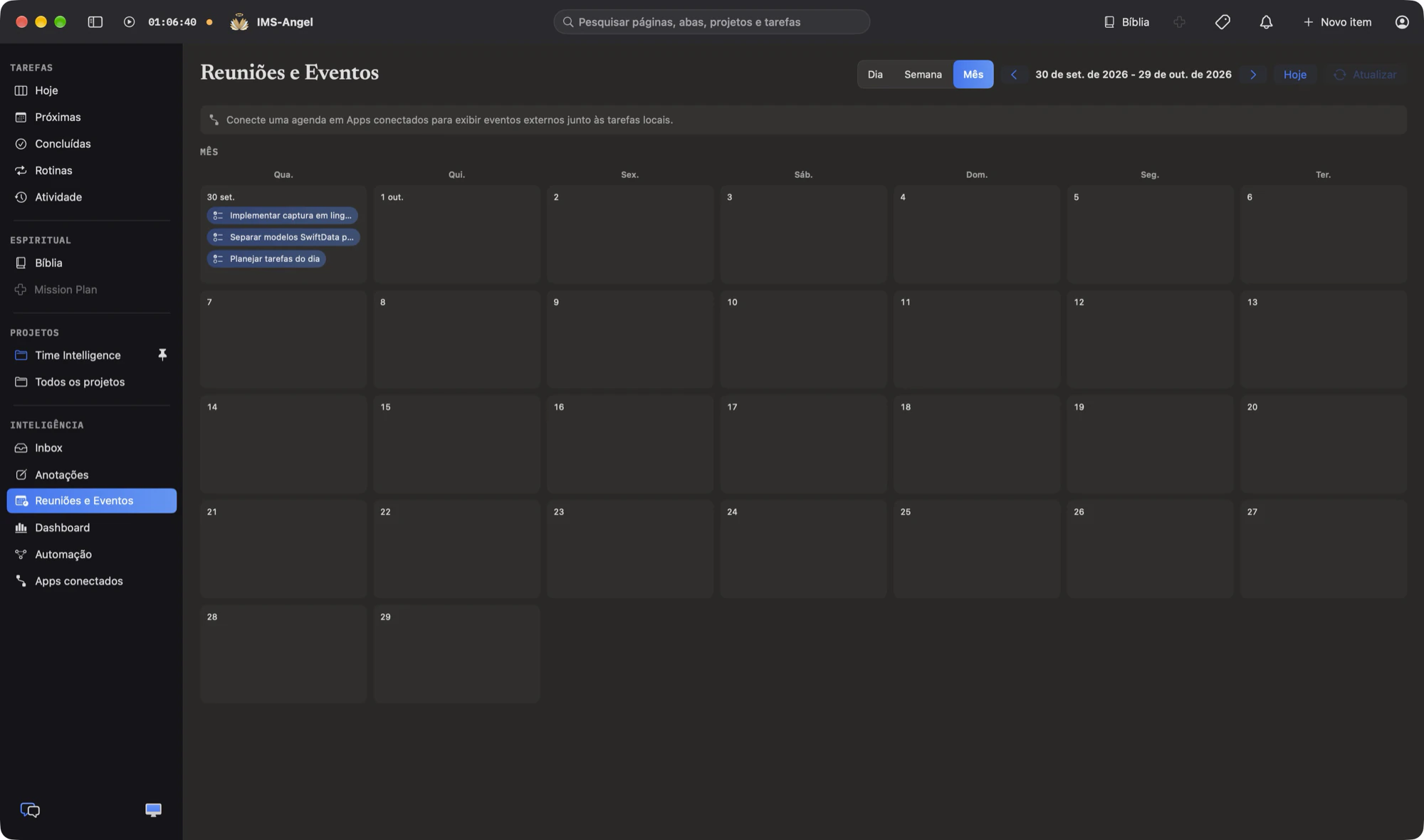 Tela real do IMS-Angel: Agenda em visão mensal com tarefas locais no calendário.
