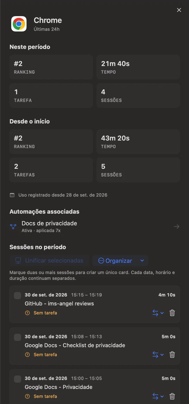 Recorte real da Atividade: tempo de um aplicativo e lista de sessões registradas.