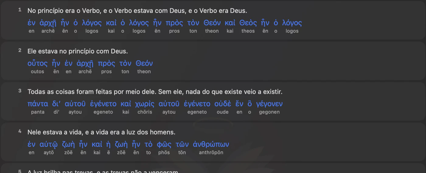 Recorte real do leitor bíblico: João 1 com texto em português e grego.